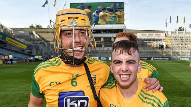 Seán McVeigh, left, and Ciaran Finn of Donegal following the Nicky Rackard Cup final between Donegal and Warwickshire at Croke Park