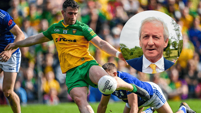 Patrick McBrearty slams home Donegal's second goal against Cavan and, inset, Pauric McShea
