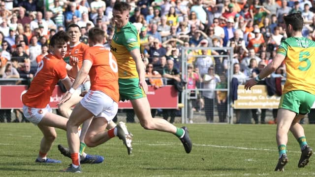 Jason McGee slams home Donegal's goal in their Allianz League Division 1 clash against Armagh. Photo Thomas Gallagher