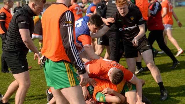 Both sides scuffle after the Allianz Football League Division 1 match between Donegal and Armagh at O'Donnell Park