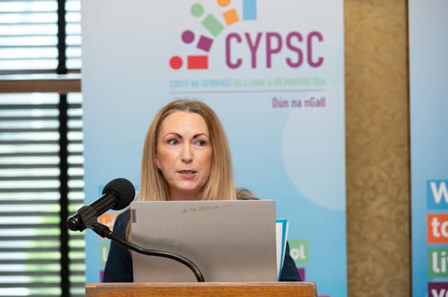 Anne McGowan, CEO, ETB, speaking at the Children & Young People Service Committee (CYPSC)Donegal Celebrating Achievement Event in An Grianan Hotel. Photo Clive Wasson