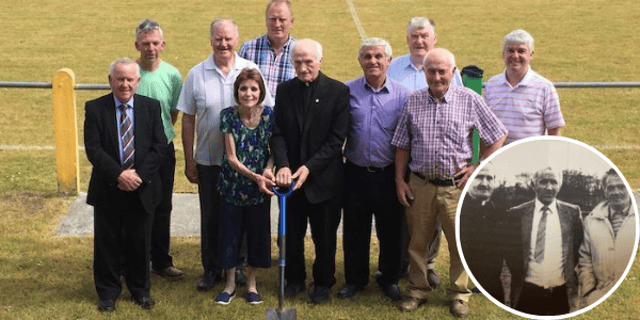 A Donegal League group pictured at a sod turning at The Diamond Park, Ballyare and (inset) three founder members Fr Michael Sweeney, Colm McBride and Dick Duffy
