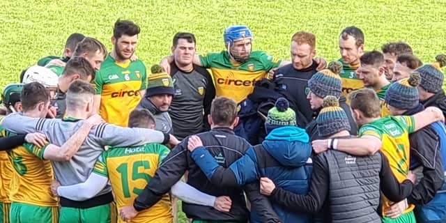 The Donegal panel with manager Mickey McCann at O'Donnell Park today
