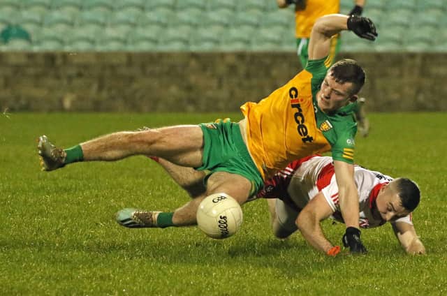 Jeaic Mac Ceallabhuí in action for Donegal against Derry on Tuesday night. Photo Thomas Gallagher