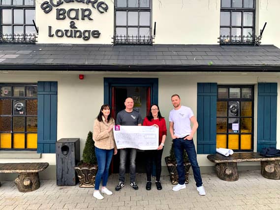 The Square Bar in Clonmany raised €8,100 for Spraoi agus Spórt – pictured from left to right Co-founder & CEO of Spraoi agus Spórt Helen Nolan with Sean Paul Doherty, Lorraine McPeake and Kieran Friel