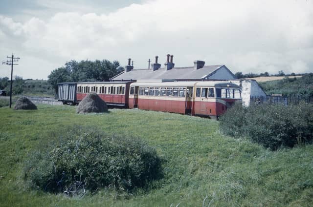 Mountcharles Station in August 1959 with a train from Killybegs for Strabane hauled by Railcar 20. The photograph faetures in the new book County Donegal Rail in Colour by John Langford