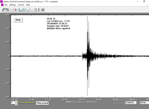 The seismograph reading of the earthquake from St Columba's College, Stranorlar