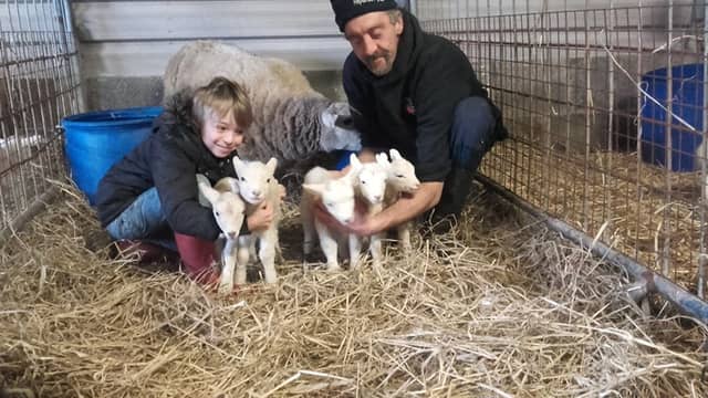 James Vance and his son Nathan with the five lambs