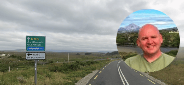 The N56 between Dungloe and Glenties and (inset) Independent Councillor Micheál Choilm Mac Giolla Easbuig