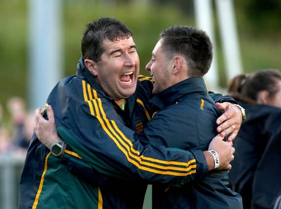 Donegal Ladies manager Micheál Naughton celebrates at final whistle