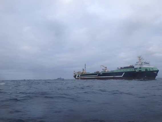 The LÉ James Joyce approaching the FV Margiris