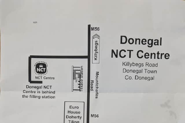 Copy of map to Donegal Town NCT Test Centre posted to vehicle owner