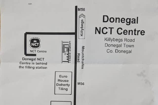 Copy of map to Donegal Town NCT Test Centre posted to vehicle owner
