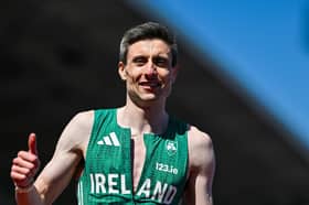 Mark English of Ireland celebrates after winning his men's 800m semi-final and setting a new championship record of 1:43.49 at Alexander Stadium in Birmingham.