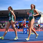 Arlene Crossan (right) of Ireland and Cliodhna Manning before the women's 4x400m relay at the European Athletics Championships 2026 at Alexander Stadium in Birmingham.