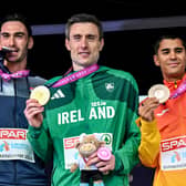  Medallists in the men's 800m, from left, silver medallist Marino Bloudek of Croatia, gold medallist Mark English of Ireland and bronze medallist Mohamed Attaoui of Spain  