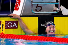 Mona McSharry of Ireland celebrates after winning the silver medal in the women's 100m breaststroke final at the 2026 European Aquatics Championships in Paris.