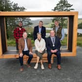 Stephen Seawright (Technology Gateway Manager for WiSAR), Dr Orla Flynn (ATU President), Cllr Terry Crosson (Donegal Co Co - Leas-Cathaoirleach)  and back, Roscoe Holt (ATU Lecturer and designer of the bench), Mike Conroy (Director and Program Coordinator. Data2sustain) Emmett Johnston (Glenveagh National Park Regional Manager)