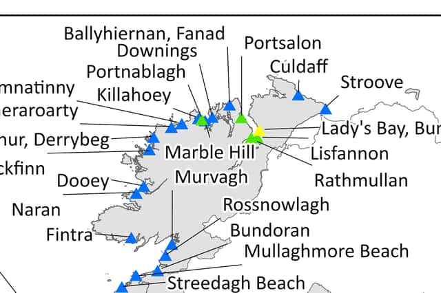 The locations in Donegal where bathing waters are regularly tested over the summer months