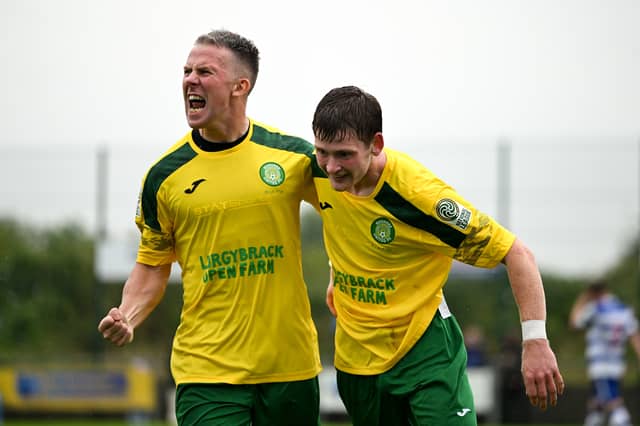 Aidan Brennan, right, of Bonagee United celebrates with team-mate Gary Merritt, left, after scoring their side's second goal during the FAI National League Group 1 match