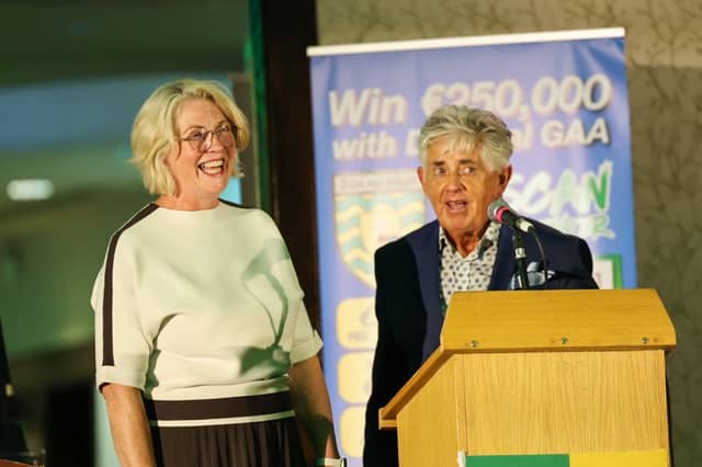 Donegal GAA chairperson Mary Coughlan alongside the evening's MC, Mr Noel Cunningham.