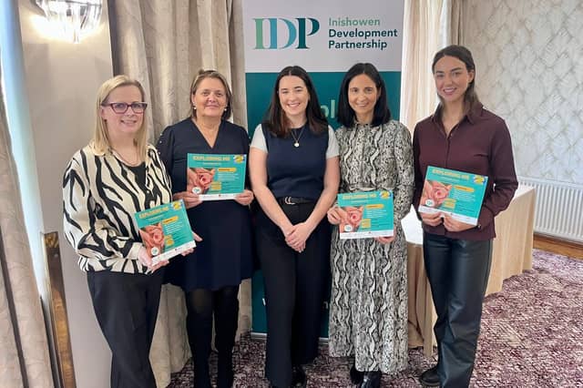 Mary Bradley, centre, with Emily Graham, Mary Coleman, Sinead McDaid and Hannah McGettigan, all from Inishowen Development Partnership (IDP).