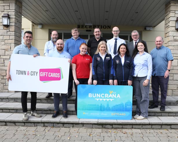 Group pictured at the launch of the new Buncrana Businesses Together Gift Card. Back, from left: Brendan Callaghan, John McBride, Ciaran McKenna, Sean Grimley and George Gramhan. Front: Mark Cunningham, Jack Callaghan, Ava Coyle, Bridgeen Harkin, Trisha Hands, Gemma Loughrey and Paul Brogan.