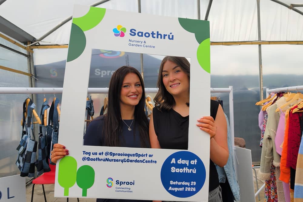 Lara McLaughlin and Caoimhe Doherty, sustainable textile technicians at Spraoi agus Spórt’s circular economy hub, pictured at a previous Shopping Spraoi preloved fashion fair  