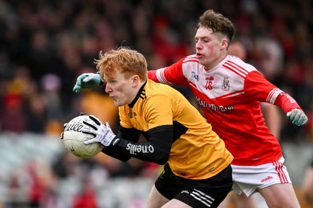 Eoin McGeehin of St Eunan's in action against Aaron Neely of Dungloe during the Donegal SFC final between Dungloe and St Eunan's in 2024