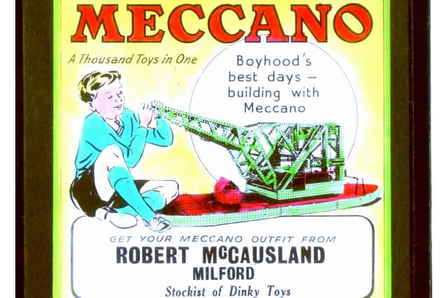 A lantern slide advertising Meccano for sale in McCausland's Shop, Milford. Courtesy of Donegal County Museum, McCausland Collection