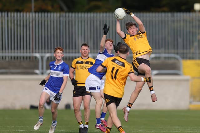 St. Eunan's Evan Daly fetches a high ball against Four Masters during the Senior B Football Championship final in MacCumhaill Park on Sunday