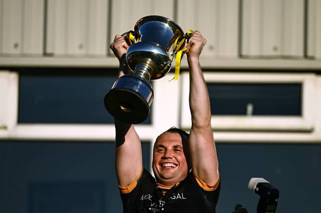 St Eunan's captain Conor O'Donnell lifts the Dr Maguire Cup after the Donegal County Senior Club Football Championship final win over Naomh Conaill.