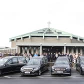 The hearses arriving arriving for the funeral of Philip and Kim English and their sons, Jayden and Callum, at the Sacred Heart Church Parish Centre, The Folly, Waterford
