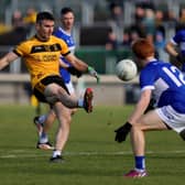 St. Eunan's forward Pauric Boyle fires a shot at the Four Masters posts during the Senior B  final in MacCumhaill Park on Sunday