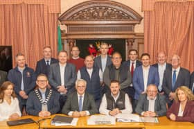 Contract signing for the design-and-build housing development at An Chúirt Ghlas, Rossgarrow, Milford