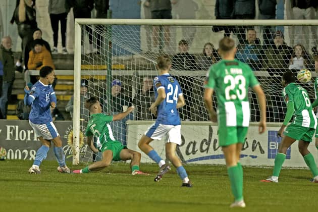Finn Harps Aaron McLaughlin scores the opening goal against  Bray Wanderers on Friday night