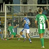 Finn Harps Aaron McLaughlin scores the opening goal against  Bray Wanderers on Friday night