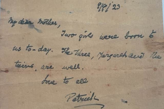The letter  in which Patrick MacGill, from his then London address, announces the birth of twins Patricia and Christine