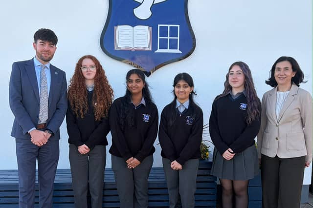 Mr Evan Gorrell (Deputy Principal), Aoibhinn, Hansika, Kadambari, Talia, and Ms Pamela Zarb (Teacher)