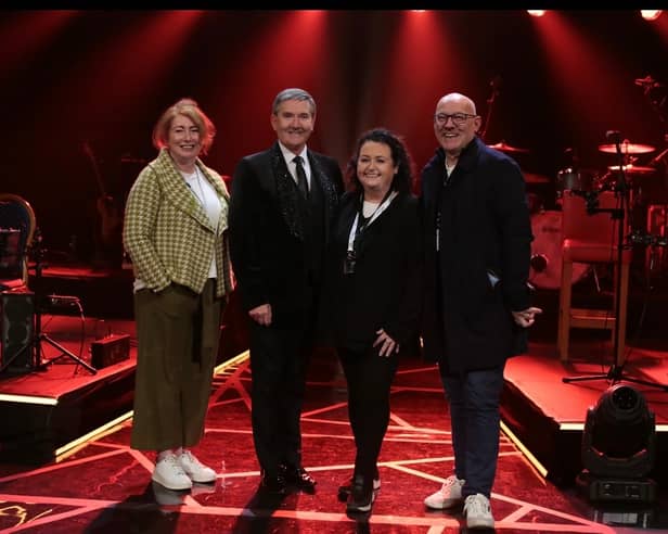 On the set of Opry le Daniel in the Millennium Forum, from left, Jane Kelly, Joint CEO Big Mountain Productions, Daniel O’Donnell, producer Sally Ní Dhuibhir, and Philip McGovern, Joint CEO Big Mountain Productions