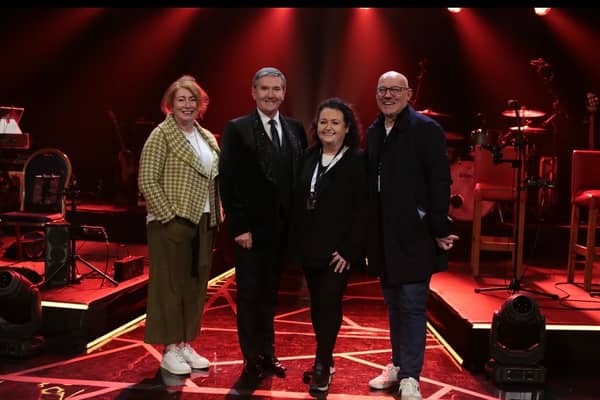 On the set of Opry le Daniel in the Millennium Forum, from left, Jane Kelly, Joint CEO Big Mountain Productions, Daniel O’Donnell, producer Sally Ní Dhuibhir, and Philip McGovern, Joint CEO Big Mountain Productions