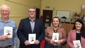 David Simpson,  Eamon Jackson, Chair of the Mica Action Group, Susan McAleer, manager of Greencastle Community Centre and Sarah Keys, media coordinator for Mica Action Group.