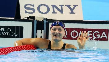 Golden girl: Mona McSharry wins 50m breaststroke gold at Swimming World Cup