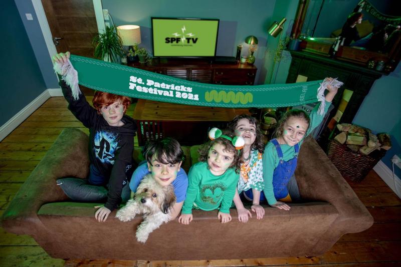 Arlo Screenan (age 9), Noah Connolly (age 9), Lily Blighe (age 4), Aisling Blighe (age 7), Maisie Connolly (age 7) and Nelly the dog (all from Dublin 8) go green as they get set for the launch of St. 