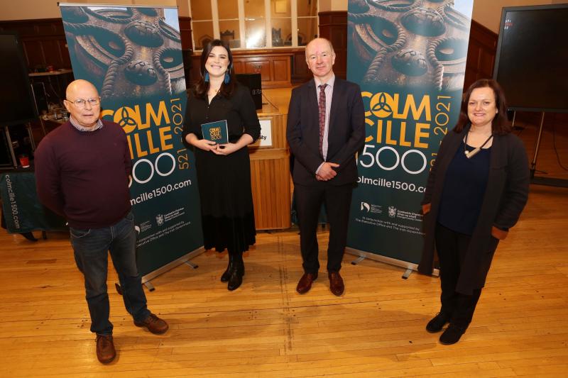 Colmcille 1500 panel members Dr Brian Lacey & Christy Gillespie along with Deirdre Harte, Project Manager and event host Áine Ní Bhreisleáin of Radio Na Gaeltachta.  