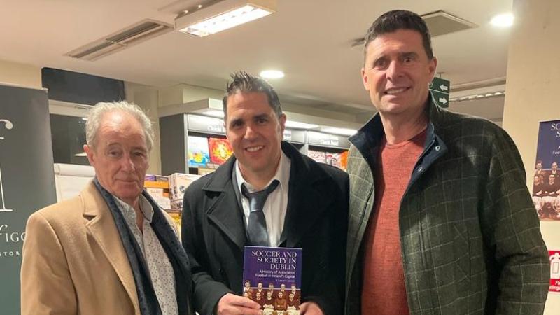 Brian Kerr and Niall Quinn help Ardara author Dr Conor Curran launch book 