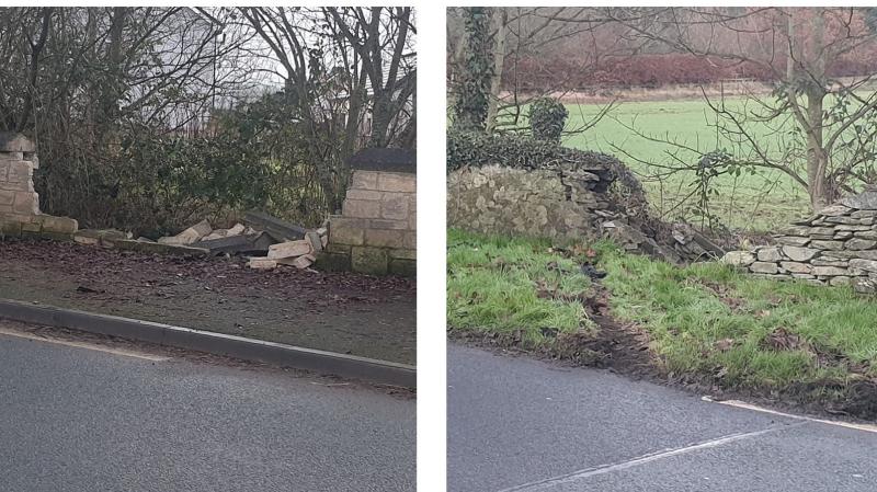 Walls smashed by motorist on both sides of the road in Carrigans