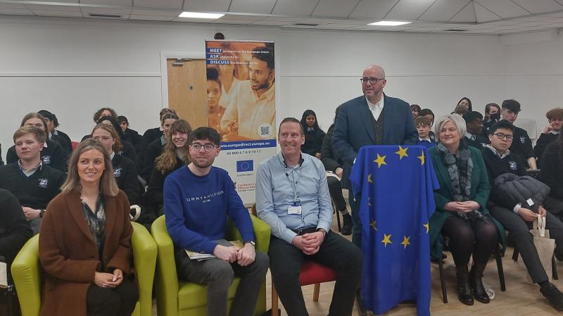 MEP Chris MacManus visits Errigal College for Europe Direct Letterkenny event