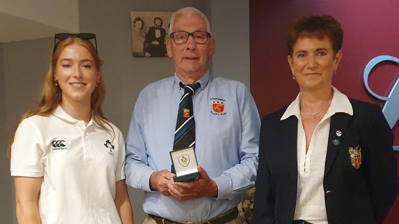 John Merritt pictured with Ireland U18 international Erin McConalogue and Inishowen Rugby Club President Anne Scott at the club's annual presentation night in Simpson's of Carndonagh. 