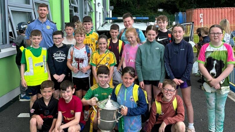Garda Shaun Patton and Angle Celt Cup makes pupils' day at St Mary's Stranorlar 
